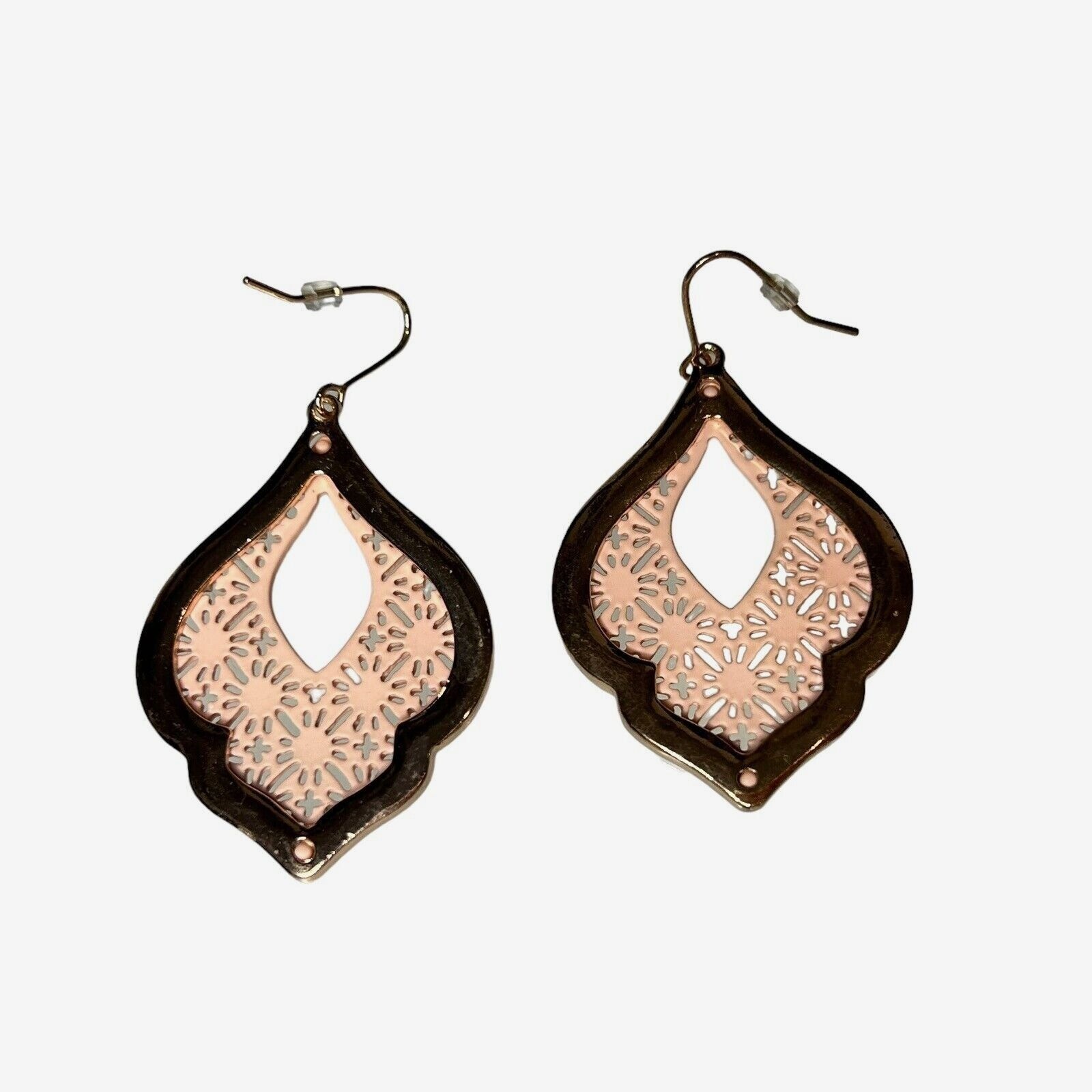 Pink Gold Tone Cut Out Taj Mahal Boho Dangle Earrings Pierced Filigree Jewelry