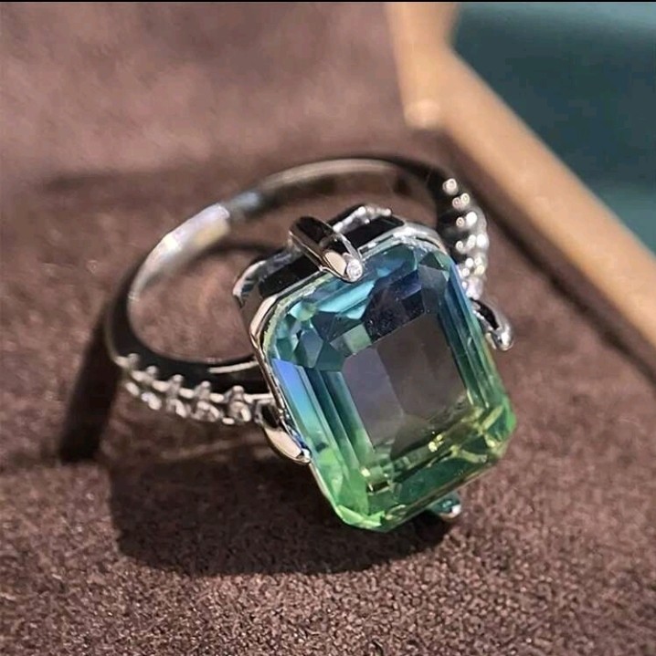 Silver-Plated Zinc Ring Size 7 Square-Shaped Blue & Green CZ