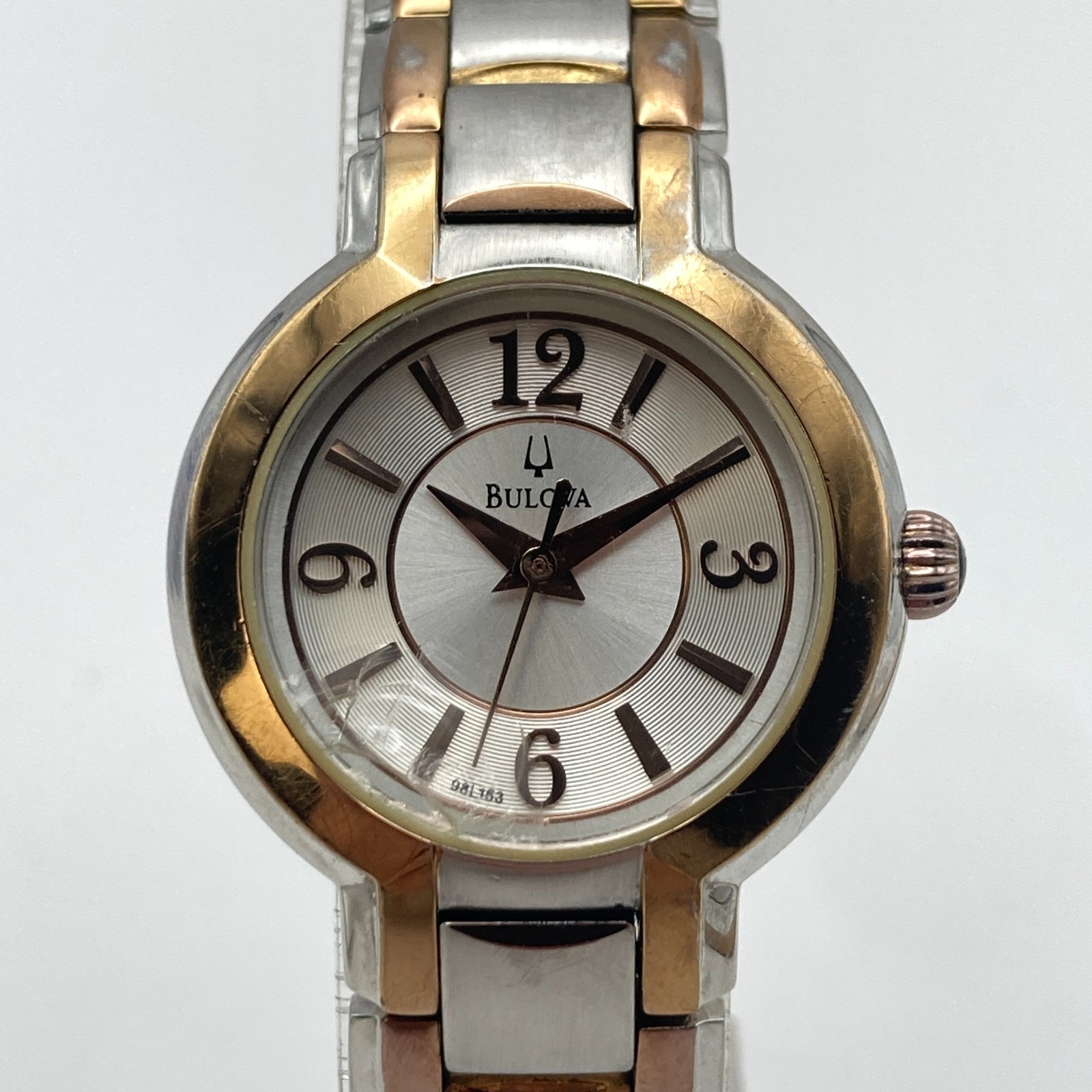 Bulova Women’s Watch Silver Rose Gold Tone FLAWED CRYSTAL 98L153 New Battery 7″