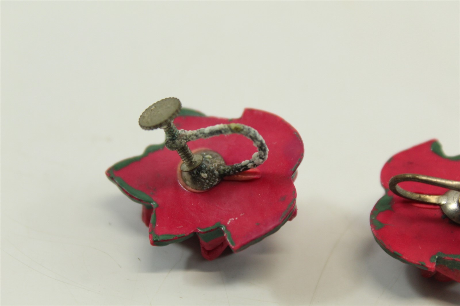 Vintage Earrings Red Rose Clip On Silver-tone Alloy On Acrylic Stamped Japan