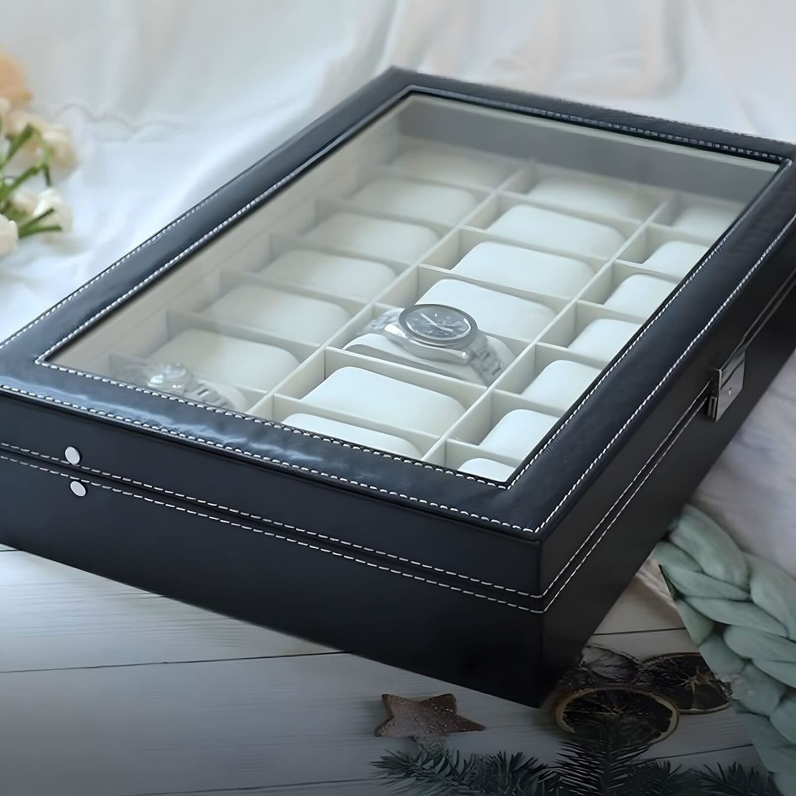 12/24/20 Slots PU Leather Wrist Watch Display Box Storage Holder Organizer Case~