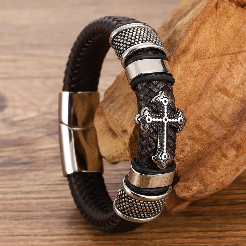 Men’s Cross Leather Bracelet Stainless Steel Braided Multi-Layer Cuff Wristband