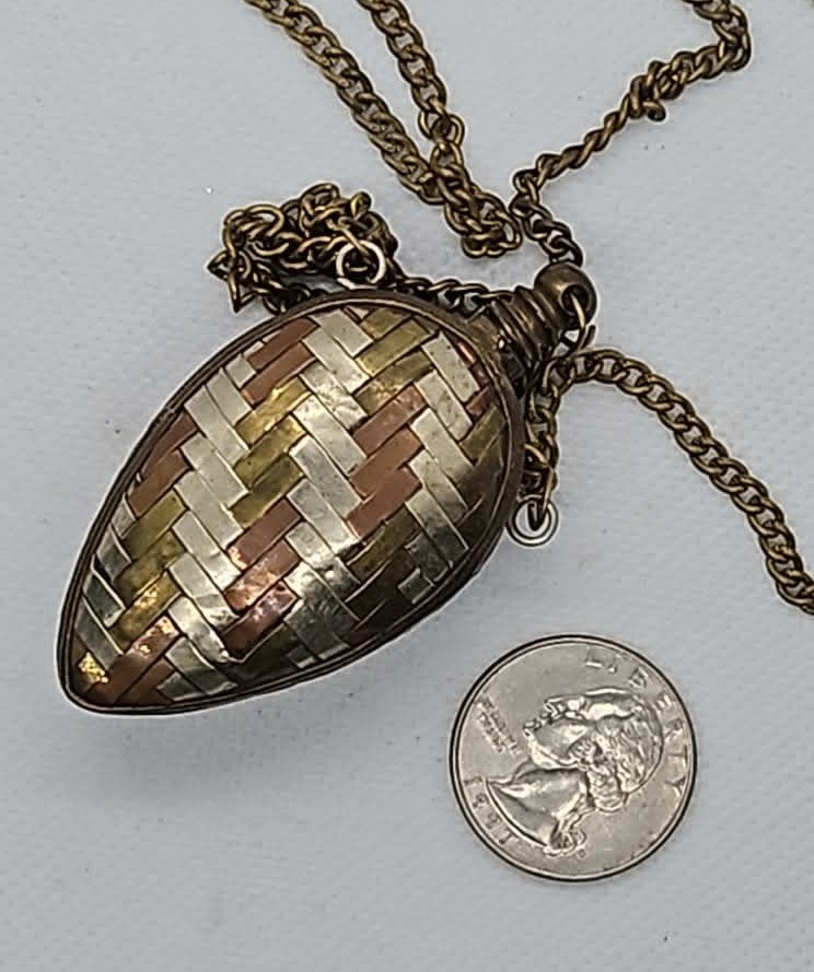 Vintage Perfume Bottle Necklace Pendant Chatelaine Woven Mixed Metal Flask 41g