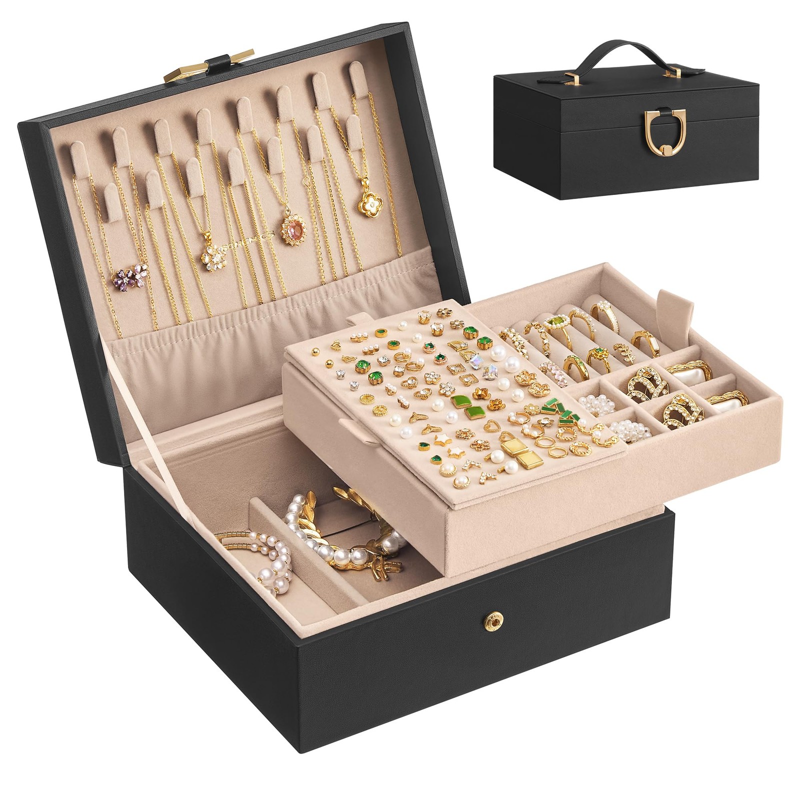Portable Jewelry Box Organizer Storage Case Removable Tray Carrying Handle