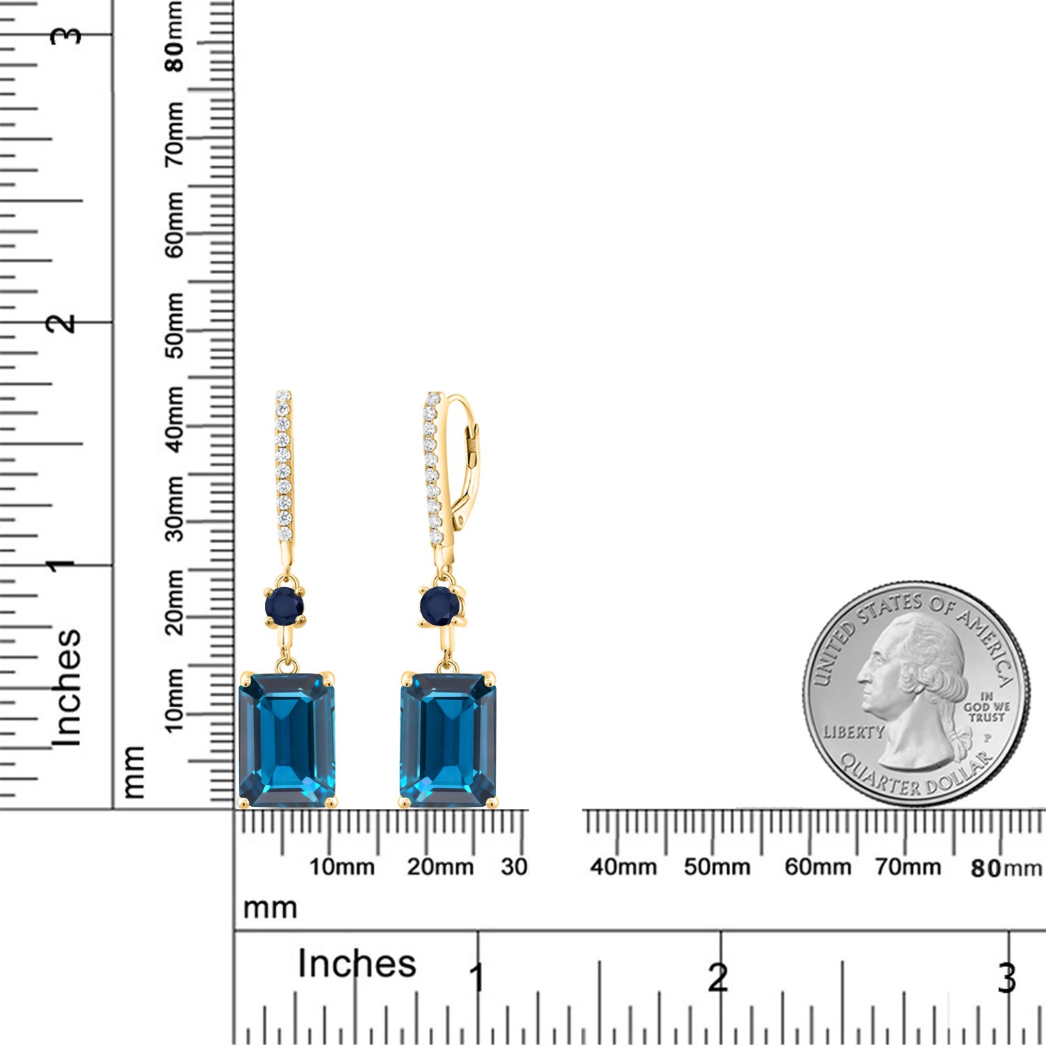 20.00 Ct London Blue Topaz Blue Sapphire 18K Yellow Gold Plated Silver Earrings