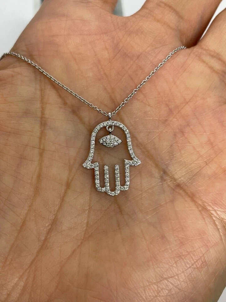 1.20Ct Round Cut Real Moissnite Hamsa Hand Pendant 14K White Gold Plated