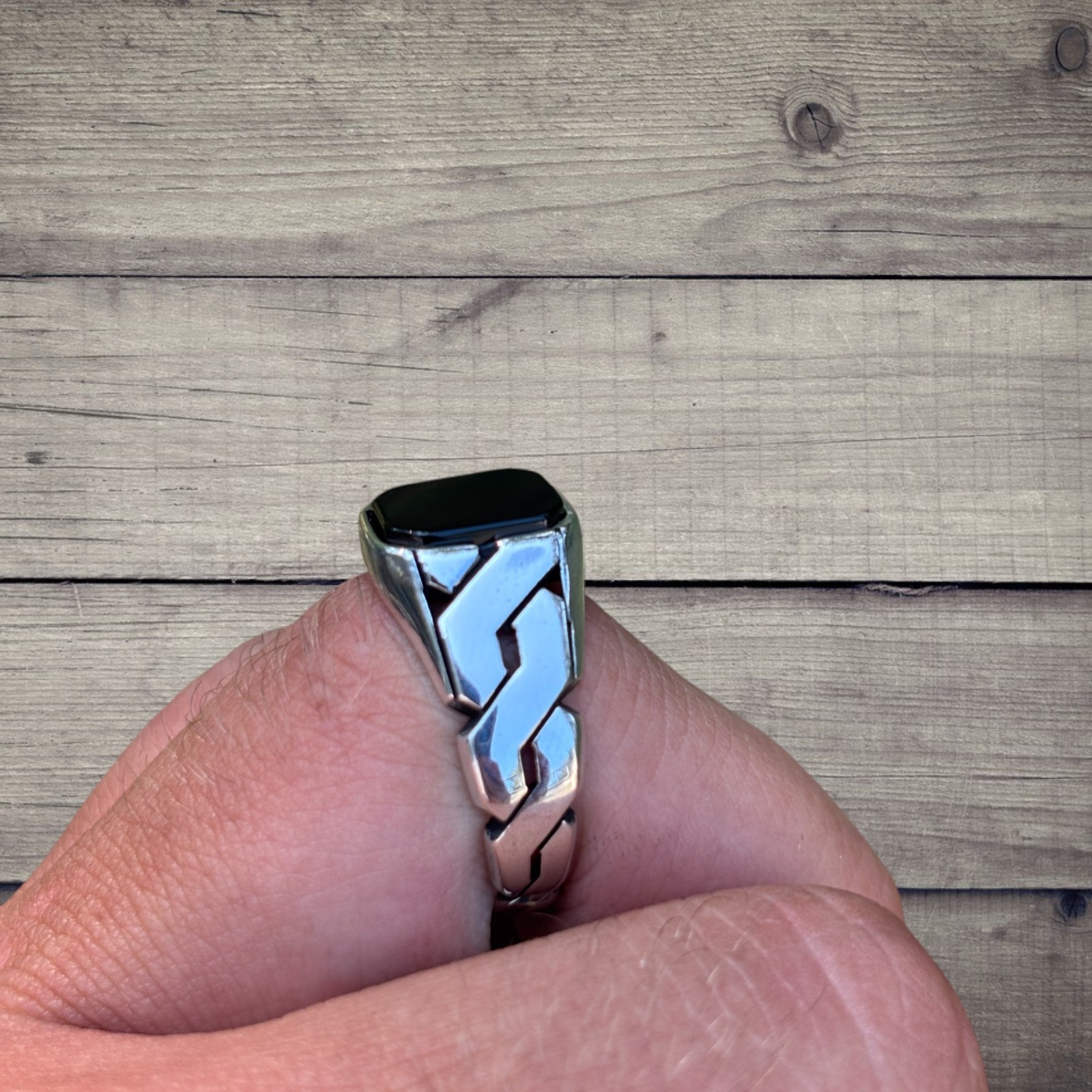 Black Onyx Stone Cuban Ring – Real Solid 925 Sterling Silver MADE IN ITALY