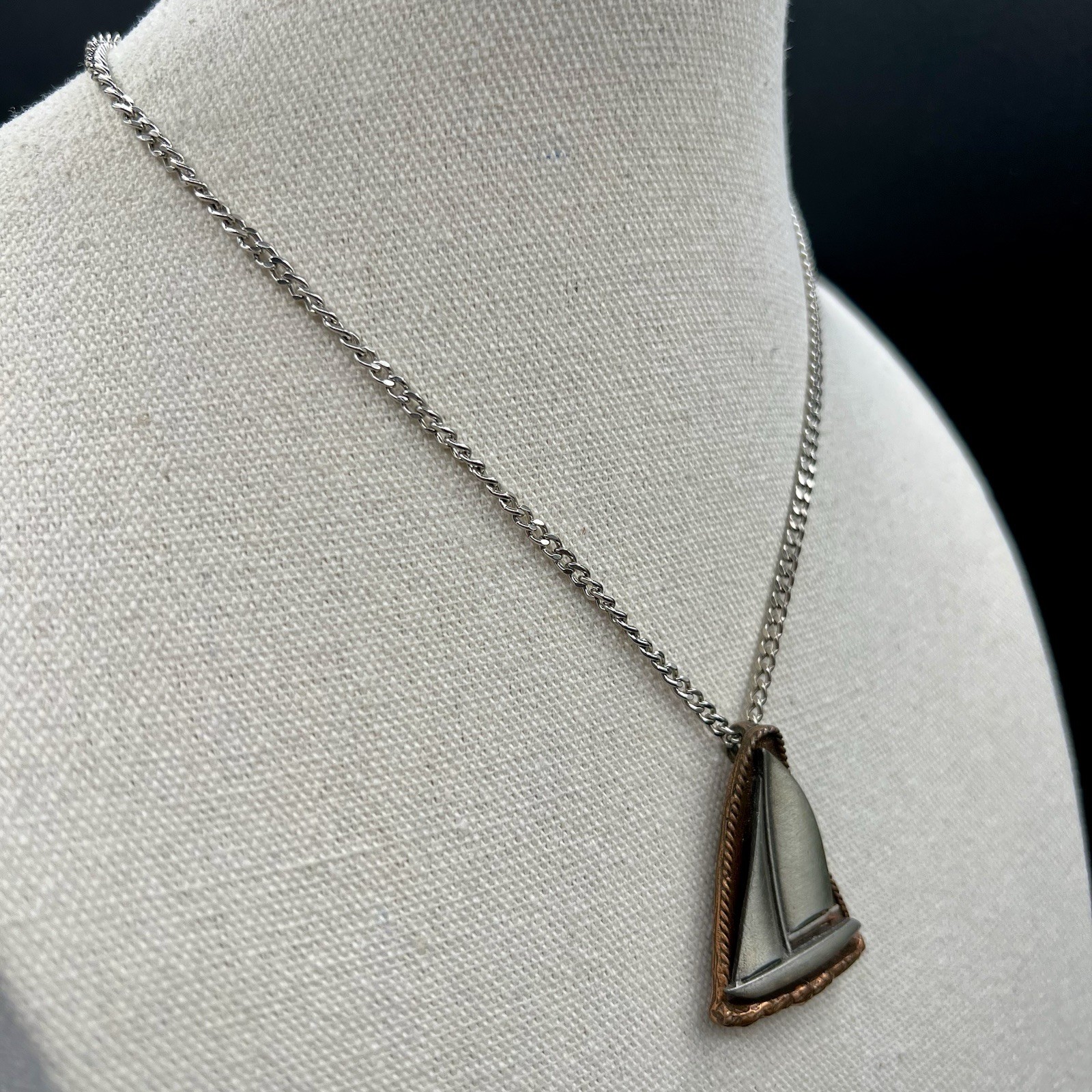 Vintage Sailboat Pendant Necklace Mixed Metal Nautical Maritime 16″
