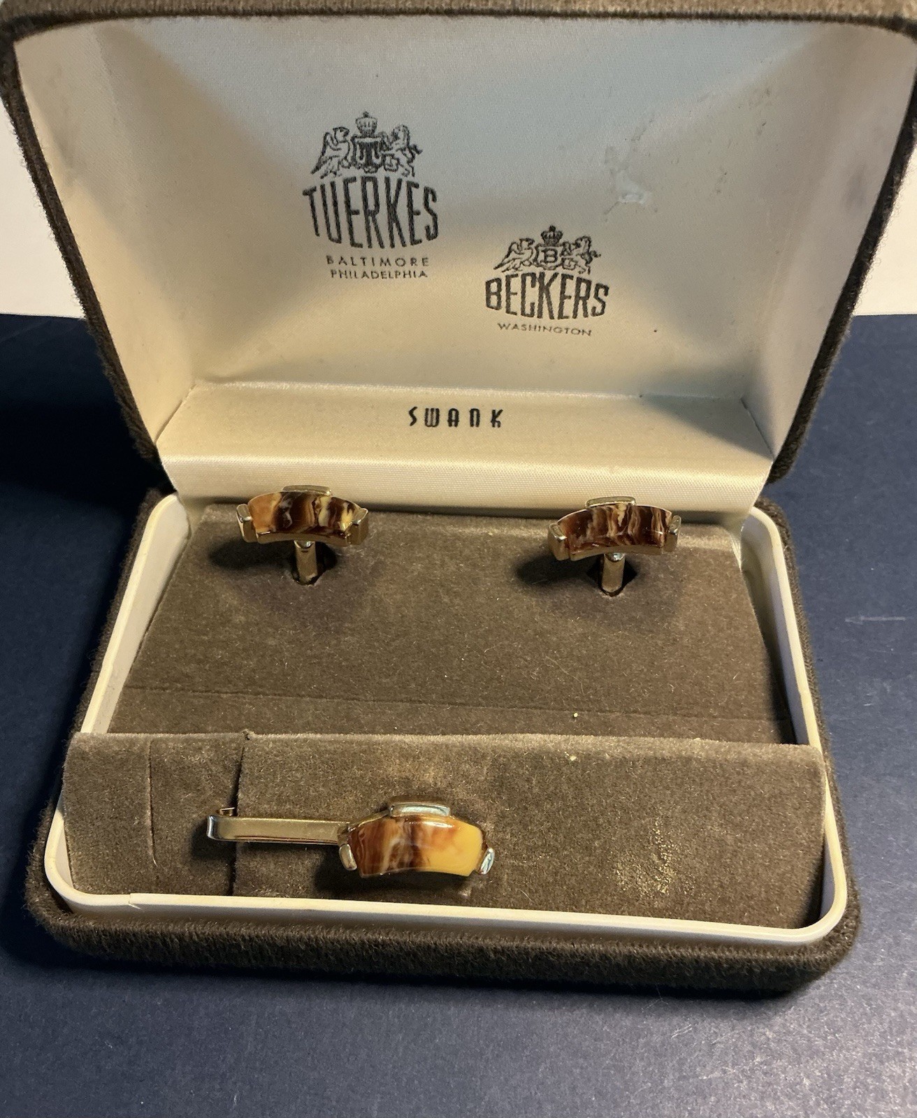 Vintage Swank 1960-1970’s Agate Cuff Link Tie Clip Set A1314
