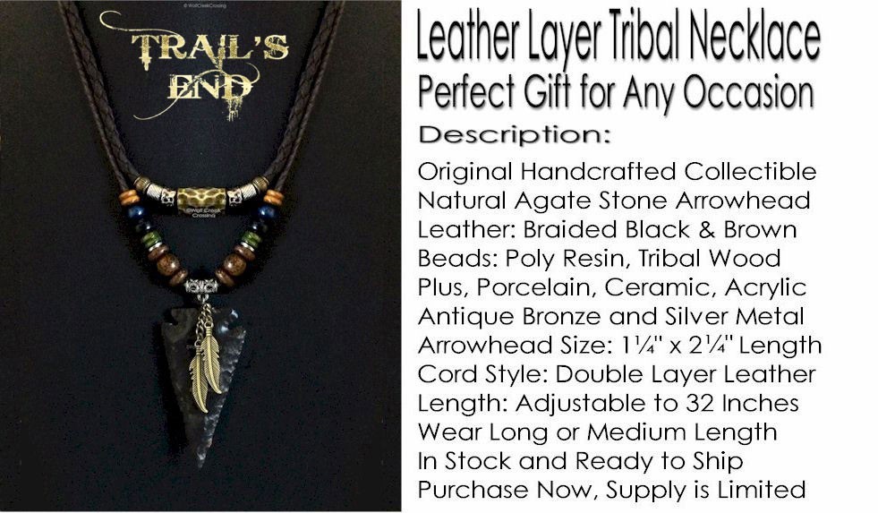 TRIBAL Bronze Feather STONE ARROWHEAD Adjustable 32″ Leather Necklace FREE Ship’