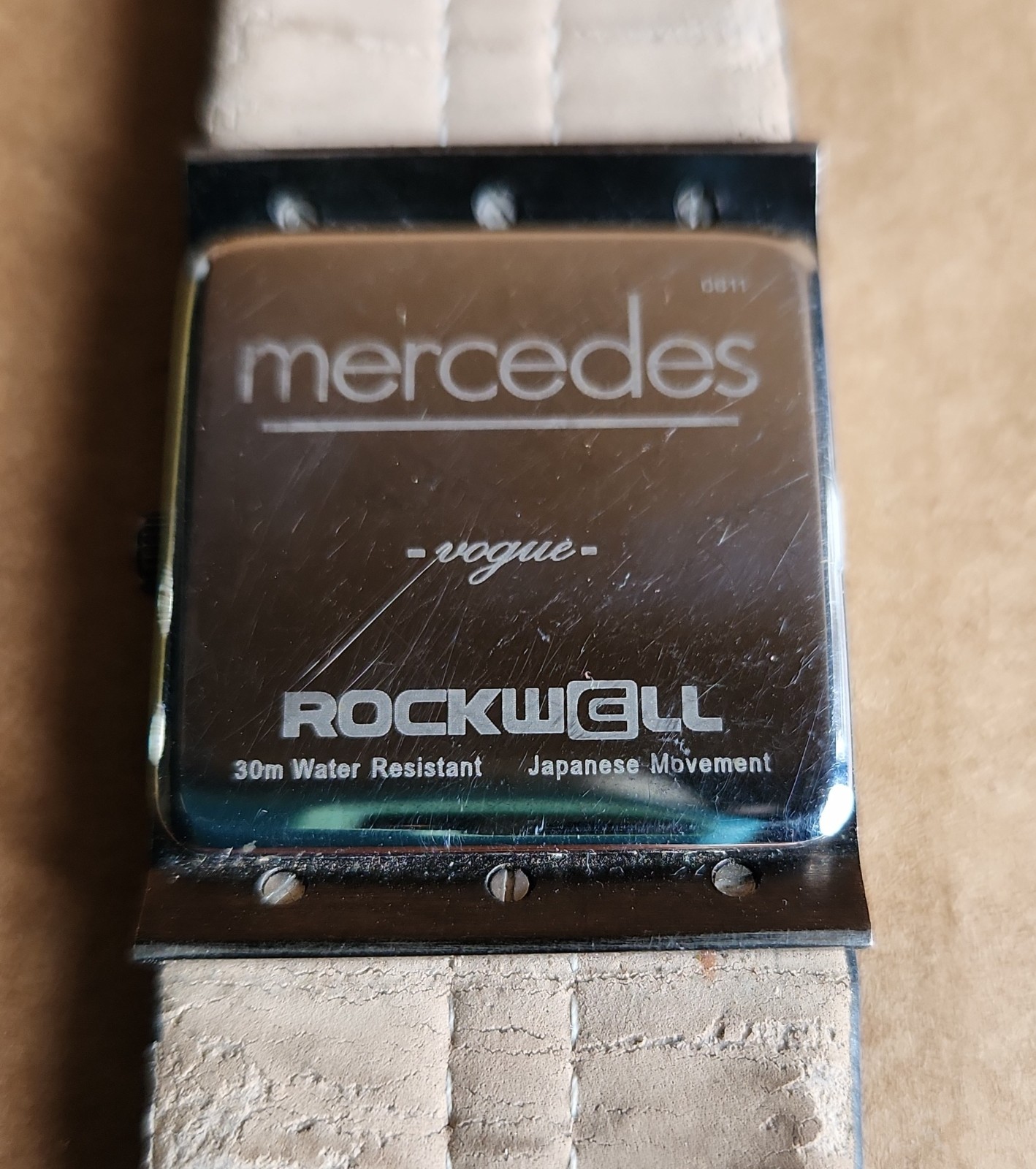 ROCKWELL VOGUE MERCEDES GREEN WRISTWATCH WITH BLACK BAND & NEW BATTERY WORKS