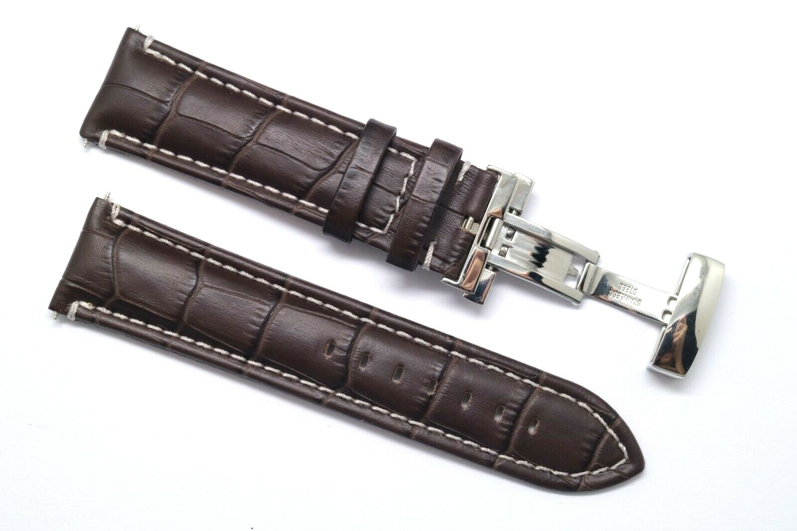 22mm Brown/White Croco Embossed Leather Watch Band Push Button Deployant Clasp