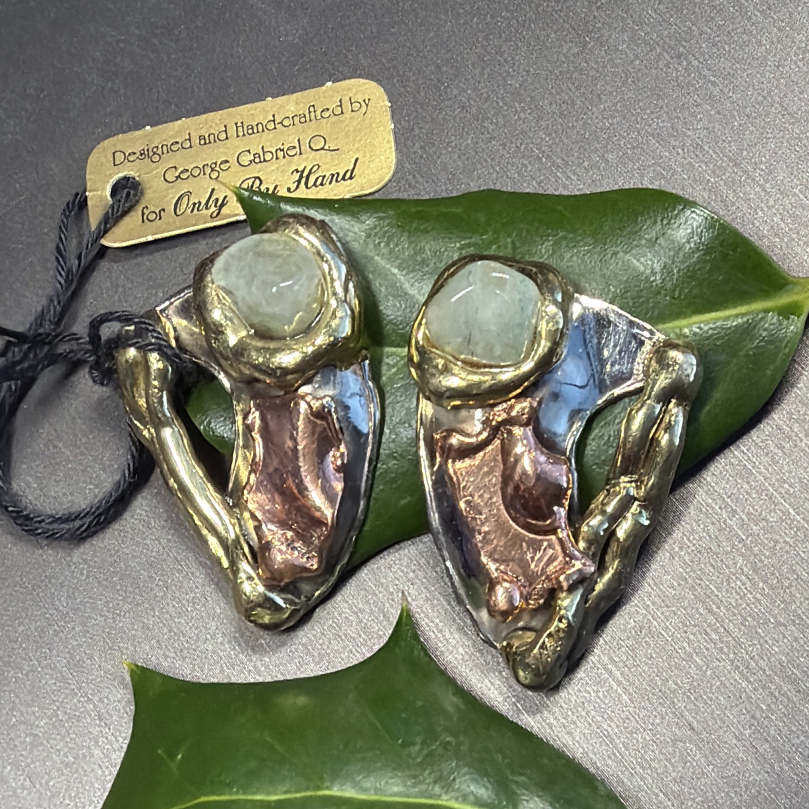 Vintage Modernist Earrings Signed George Gabriel Q Green Quartz Artisan Unique