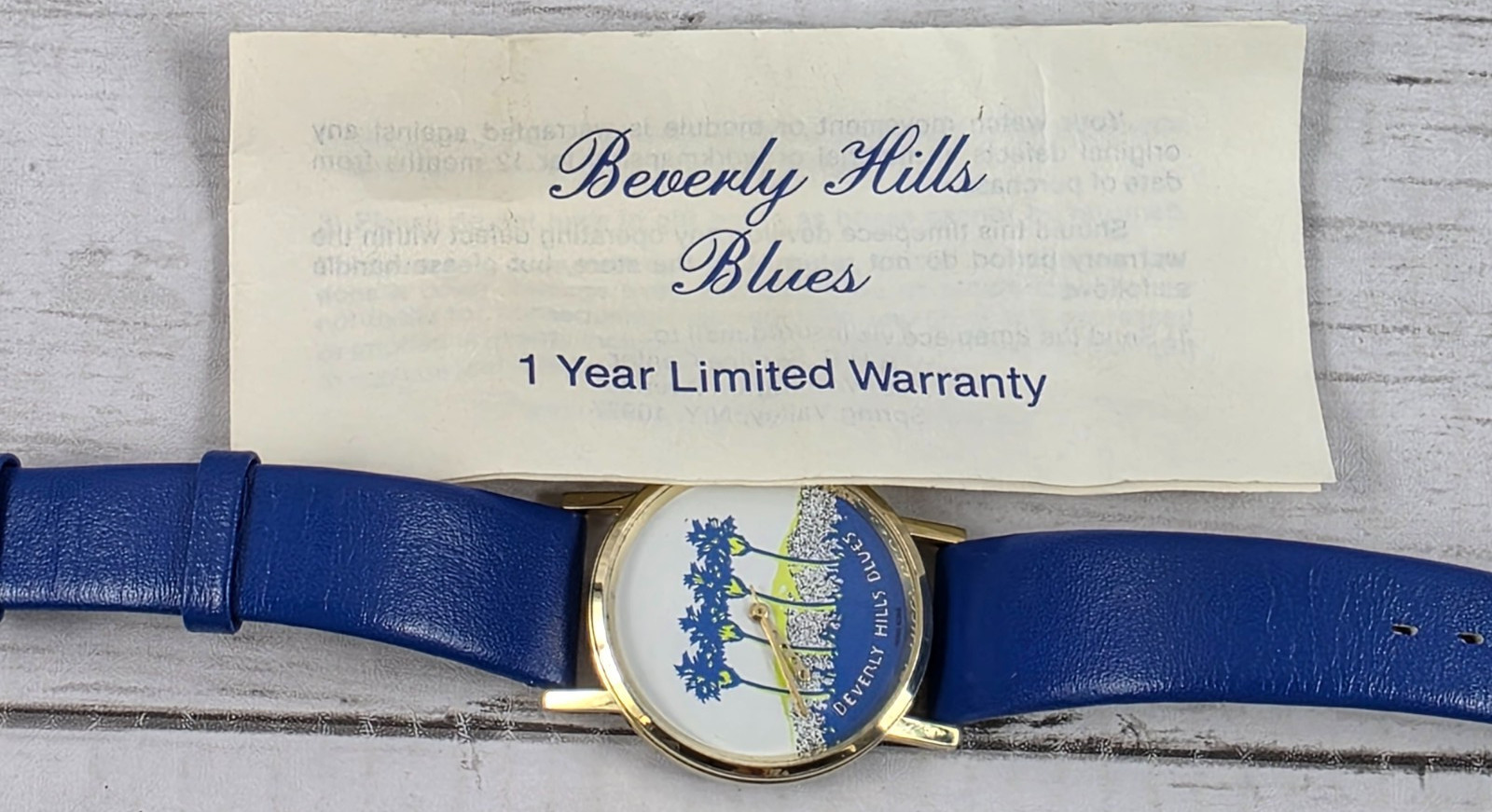 Beverly Hills Blues Vintage Numberless Watch, Decorative Face w/Leather Band VTG