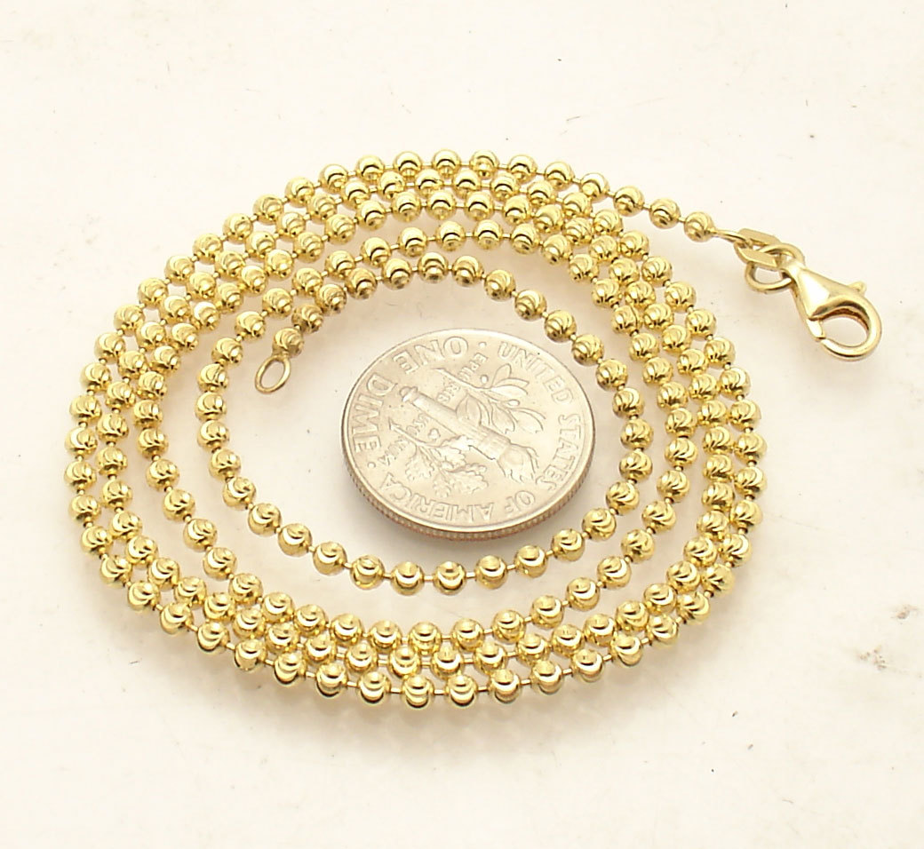 2.3mm Moon Cut Ball Bead Chain Necklace Solid 14K Yellow Gold Plated 925 Silver