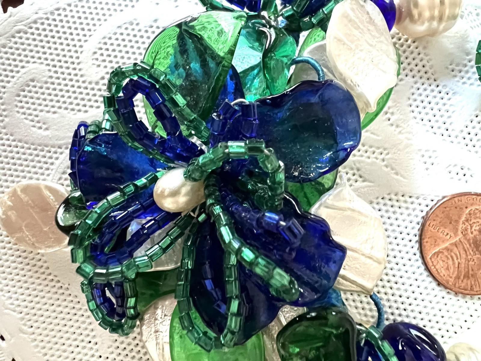 Vintage Venetian Cobalt & Green Flower Bead Art Glass Necklace 15″ + 3″ Extender
