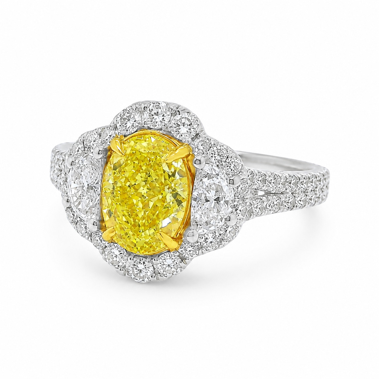 GIA Fancy Vivid Yellow Natural Diamond Ring 18K White Gold | 2.14ctw | Half Moon
