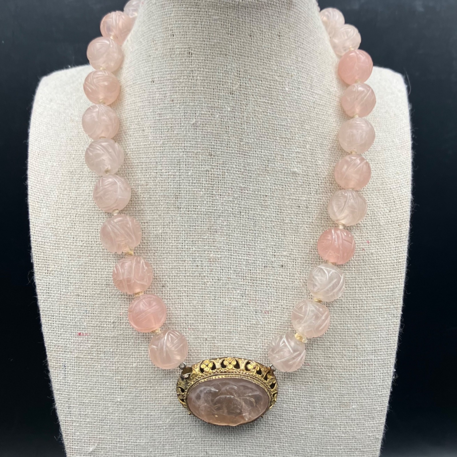 Chinese Export Blush Pink Carved Rose Quartz Necklace Floral Pendant 17 Inches