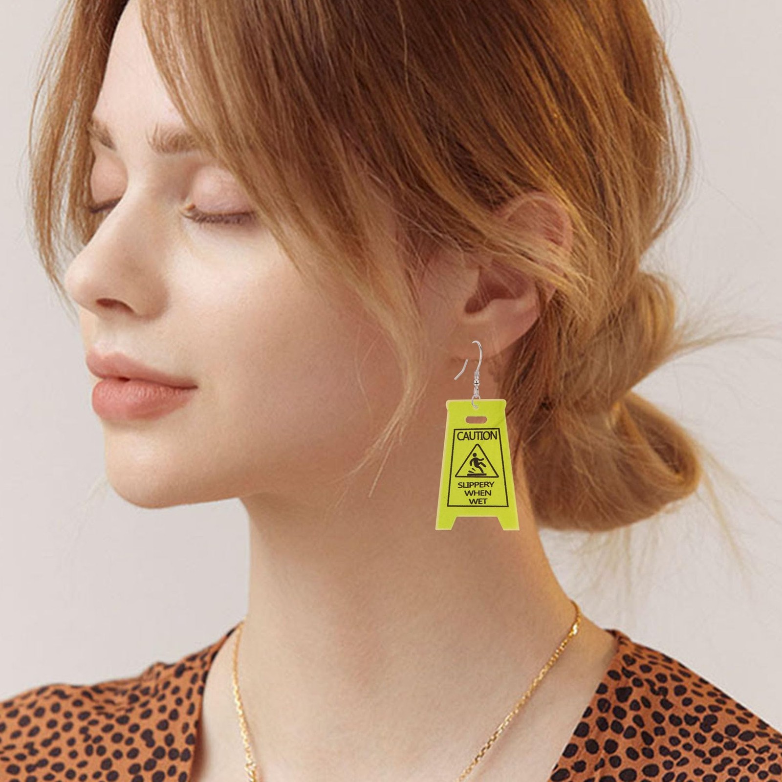 Funny Novelty Acrylic Caution Sign Earrings for Women Slippery When Wet Warni…