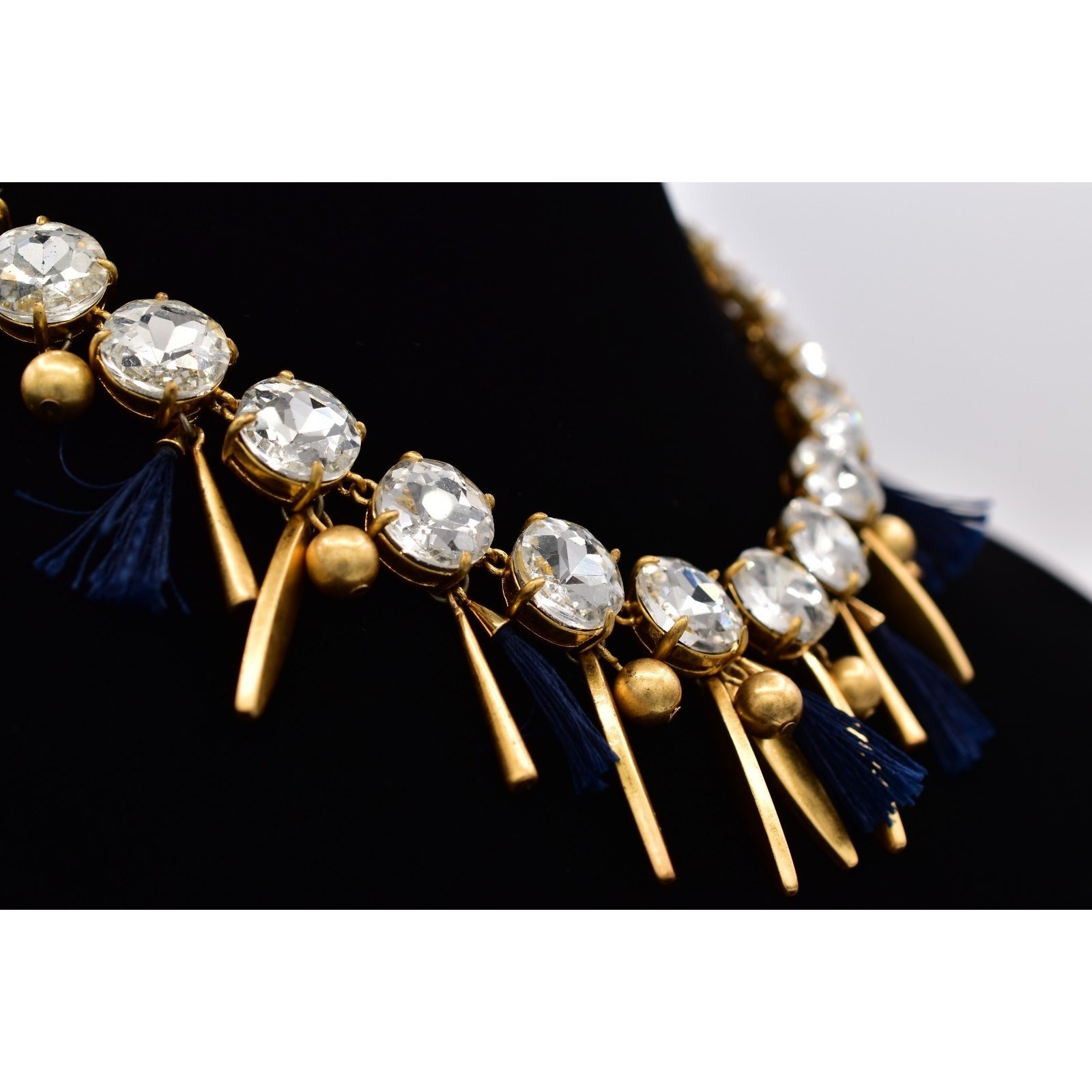 Ann Taylor Vintage Crystal Collar Necklace Dangle Navy Brushed Gold Chunky BinBL