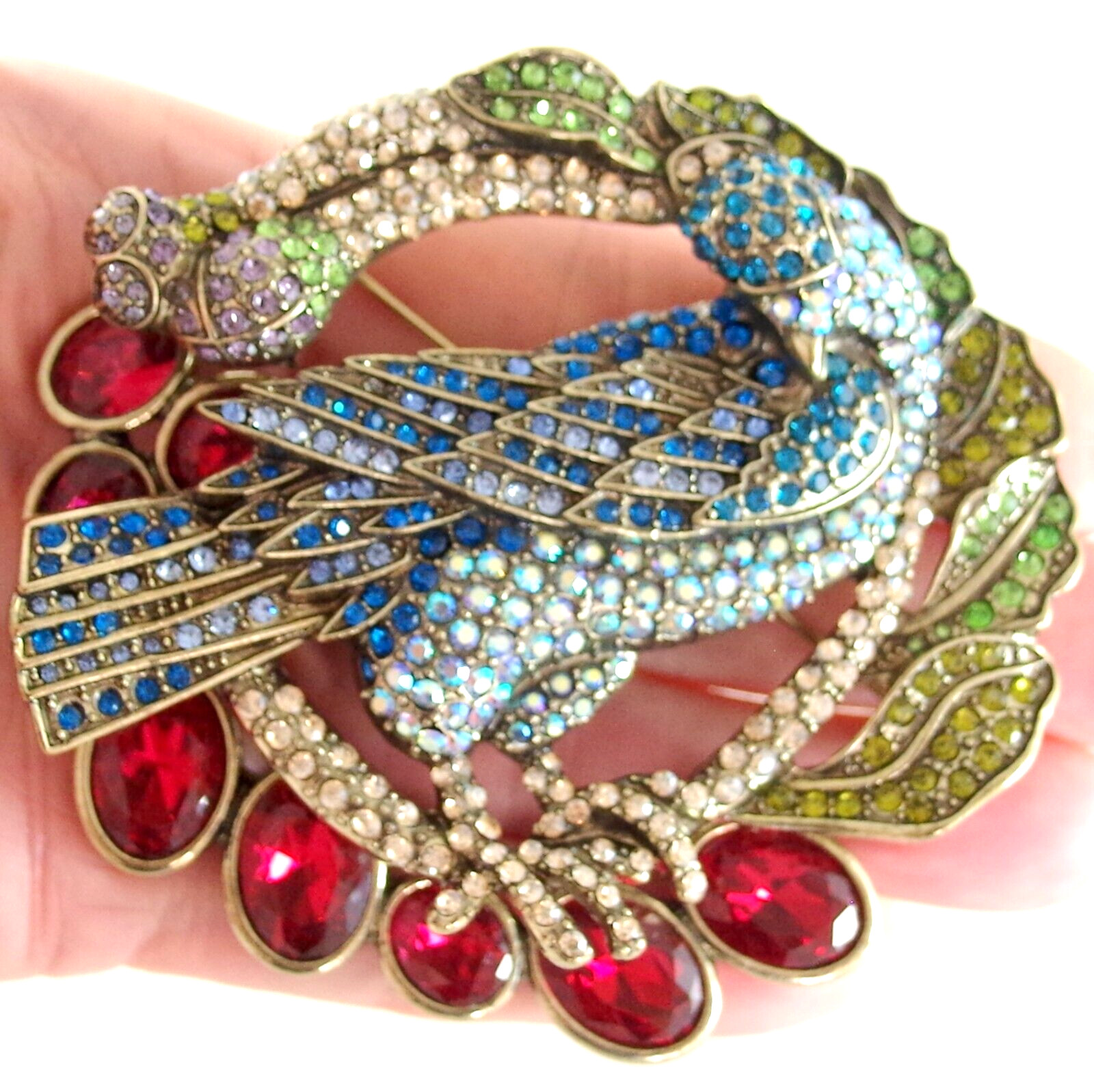 HUGE HEAVY 3D DESIGNER STYLE CRYSTAL RHINESTONE SPRING BIRD WREATH/ NEST BROOCH