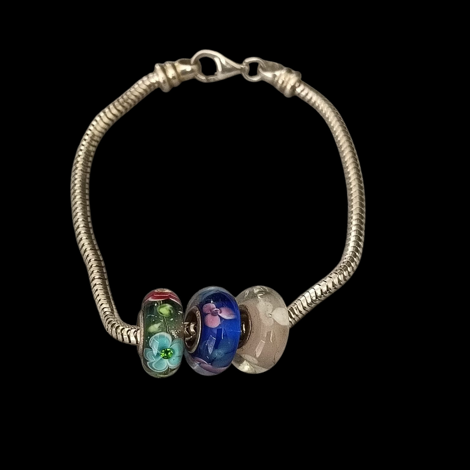 925 Sterling Silver Charm Bracelet 6.25″ Snake Chain & 3 Floral Glass Beads