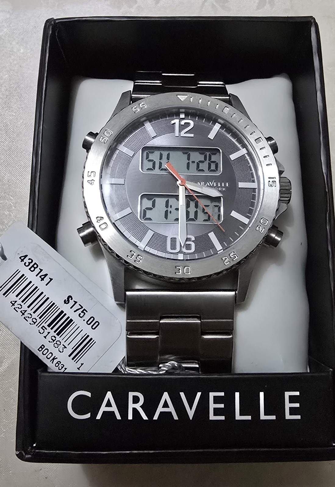 New Caravelle New York 43B141 Men’s Analog Digital Quartz Watch Box Tags