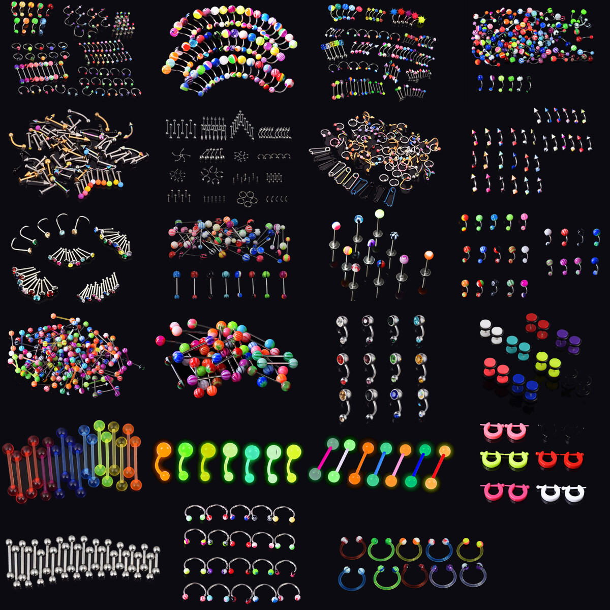 14G 16G Body Piercing Jewelry Kit Lip Nose Eyebrow Navel Tongue Ring Earrings