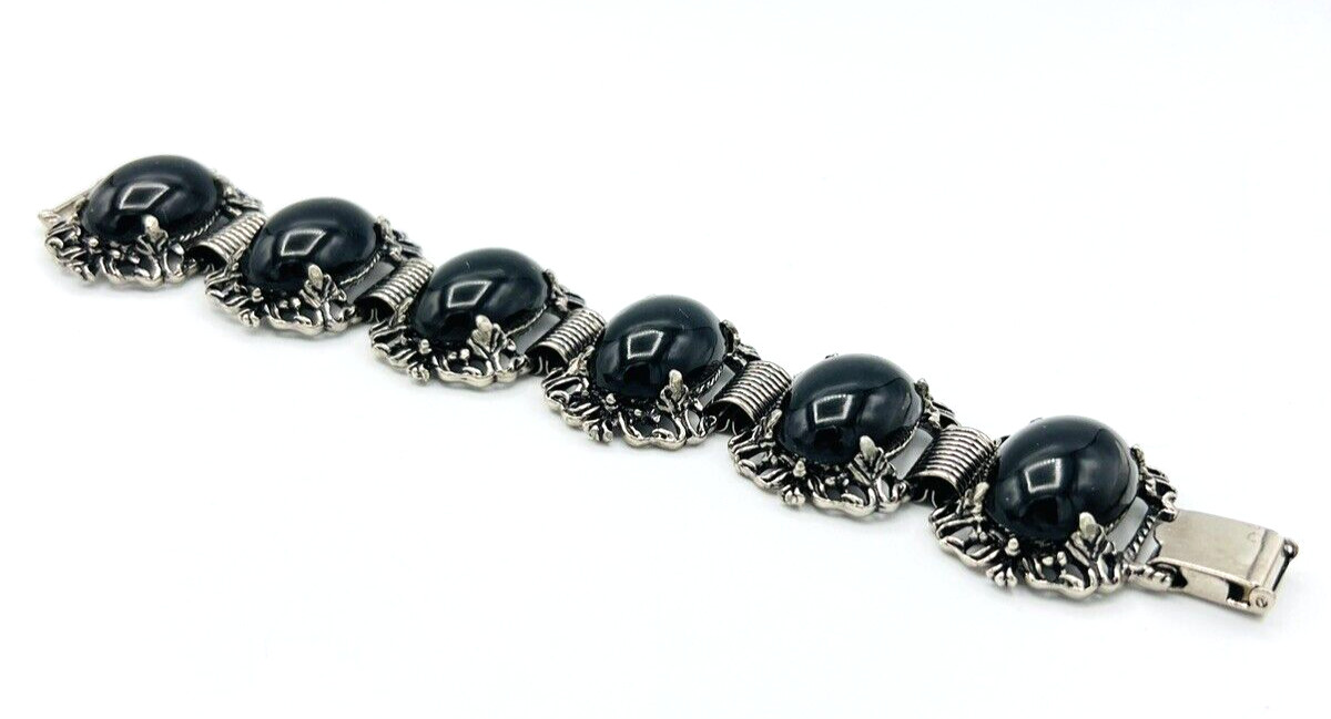 Vintage Silver Tone Black Cabochon Bracelet Clip On Earrings Set