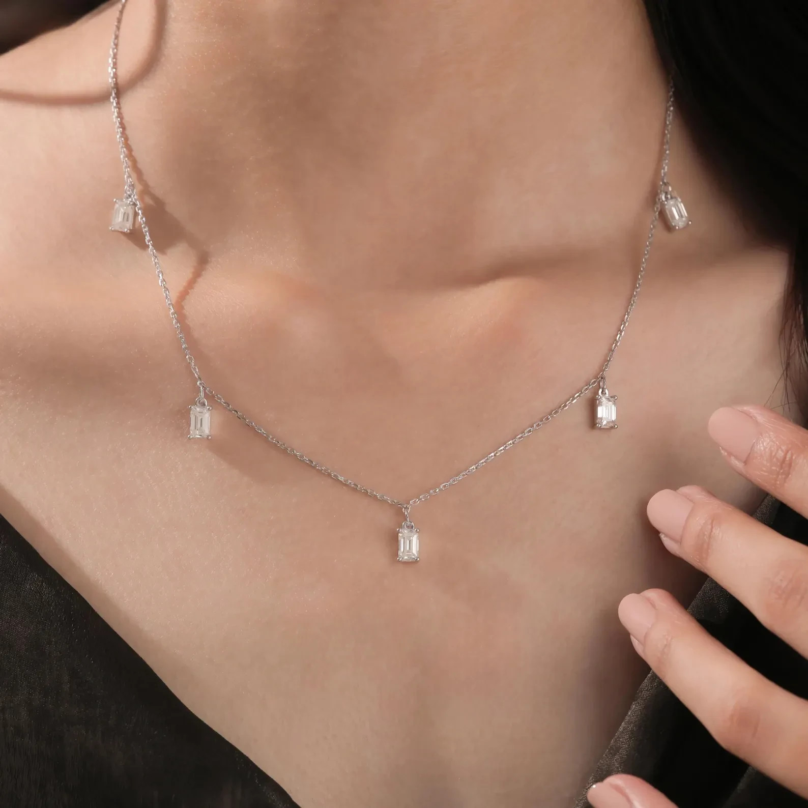 Emerald Lab Grown Diamond Layered Station Necklaces Chain 14k White Gold