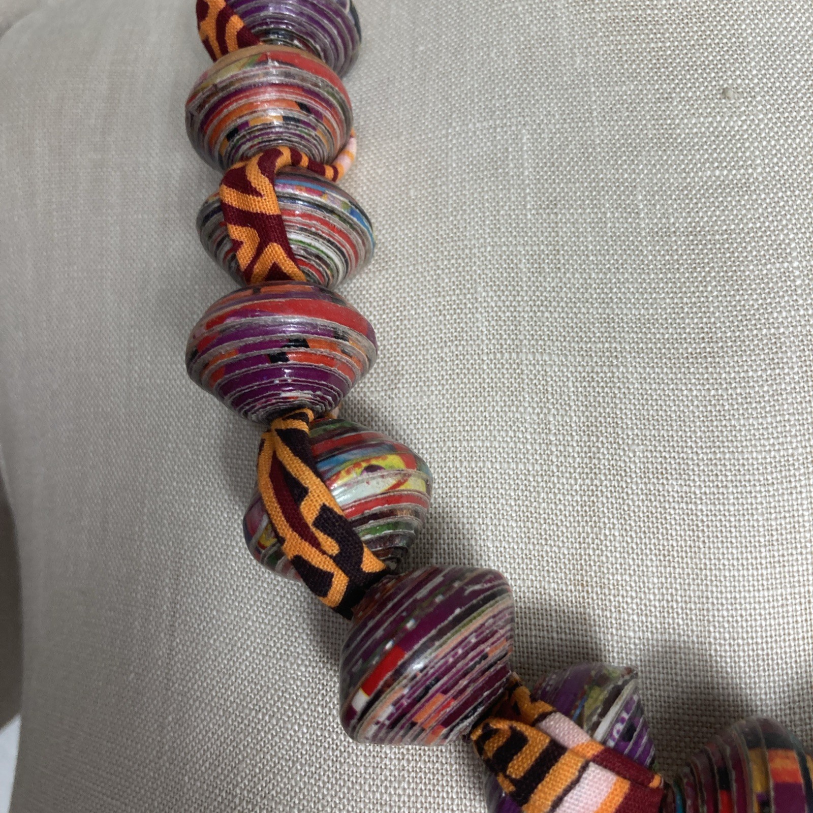 Artisan Rolled Paper Bead Necklace Fabric Chain Purple Orange Chunky Handmade