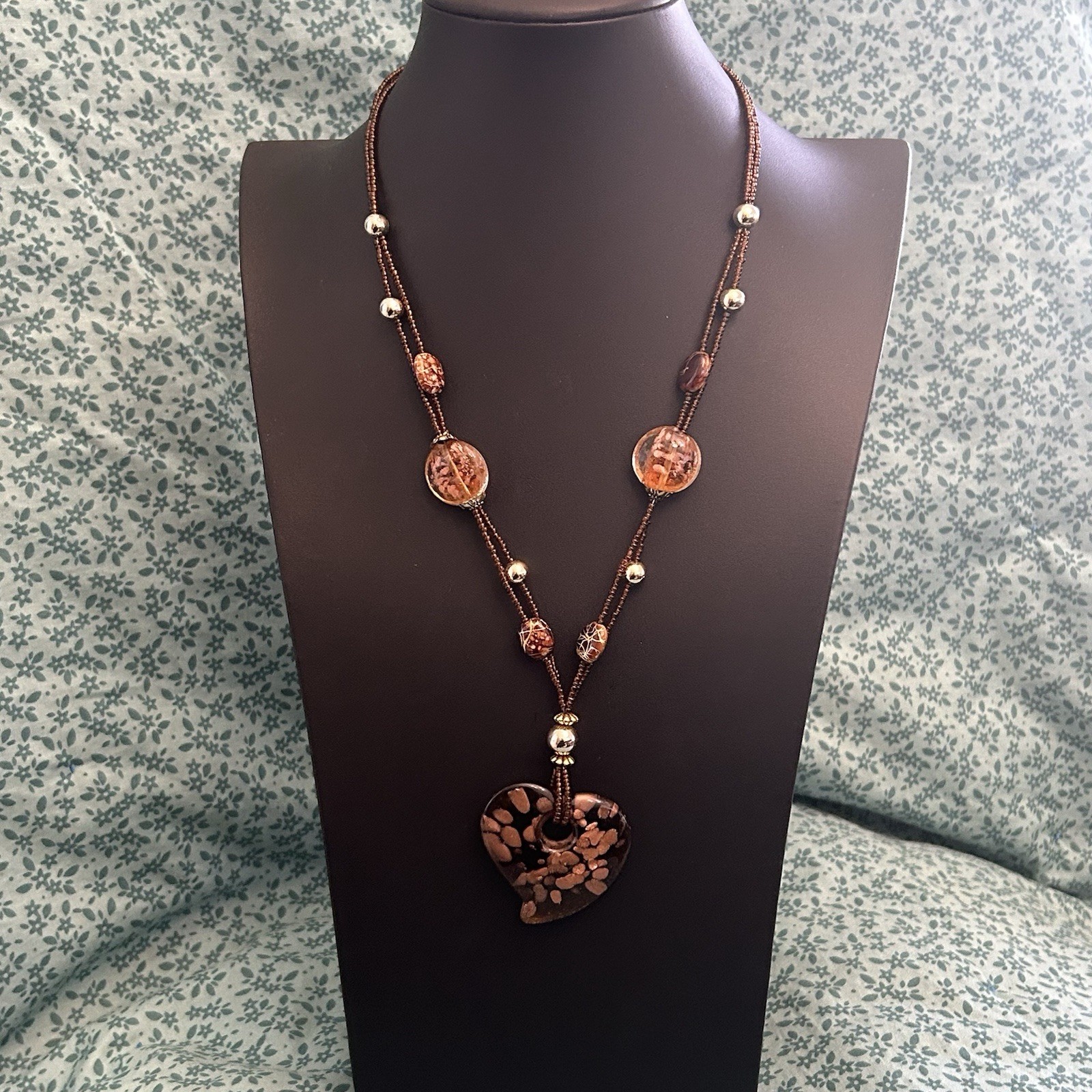 Brown Beaded Necklace w/ Heart Charm Pendant, Love Theme, Bead Material