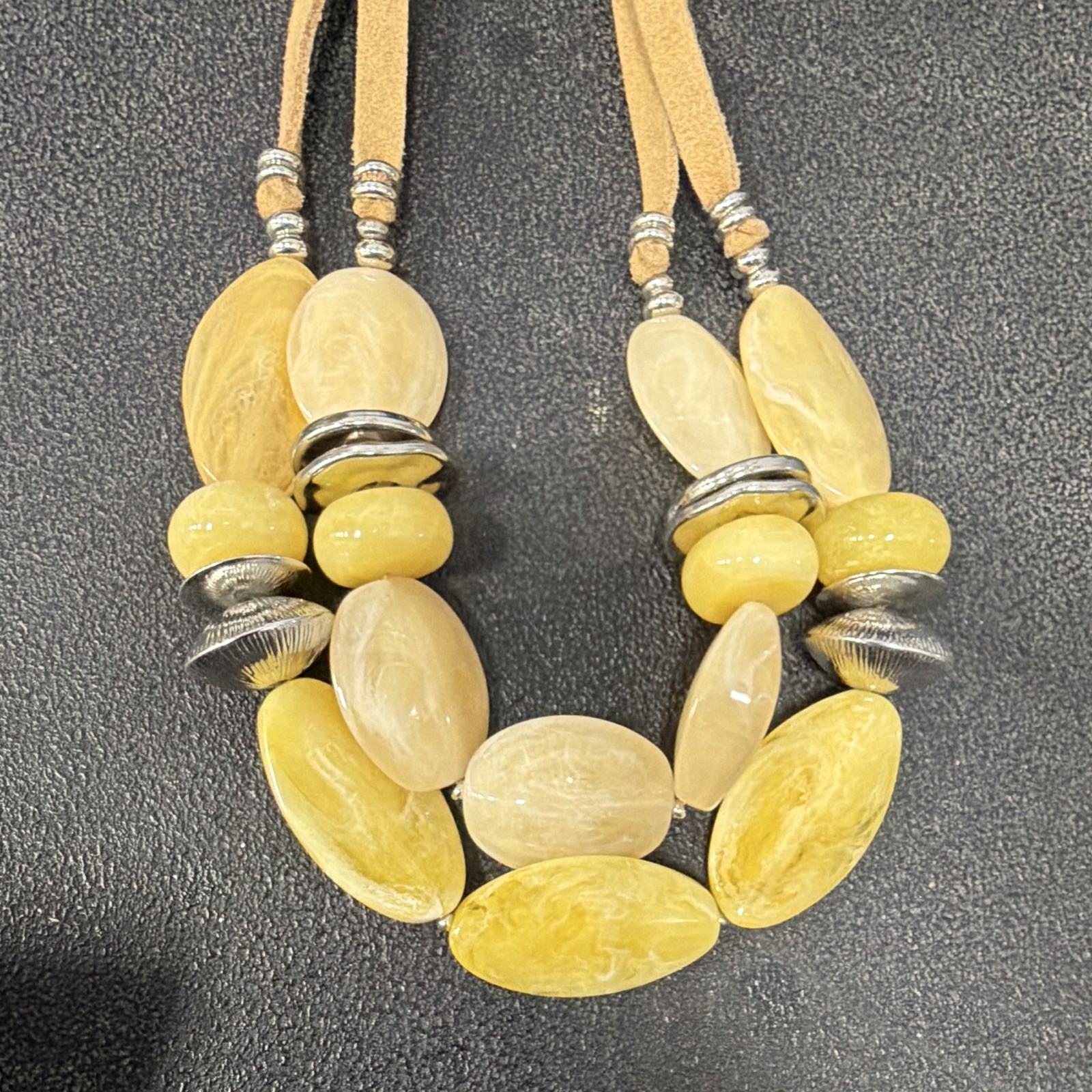 Boho Multi Strand Statement Necklace Faux Stone Beads Suede Cord Silver Tone