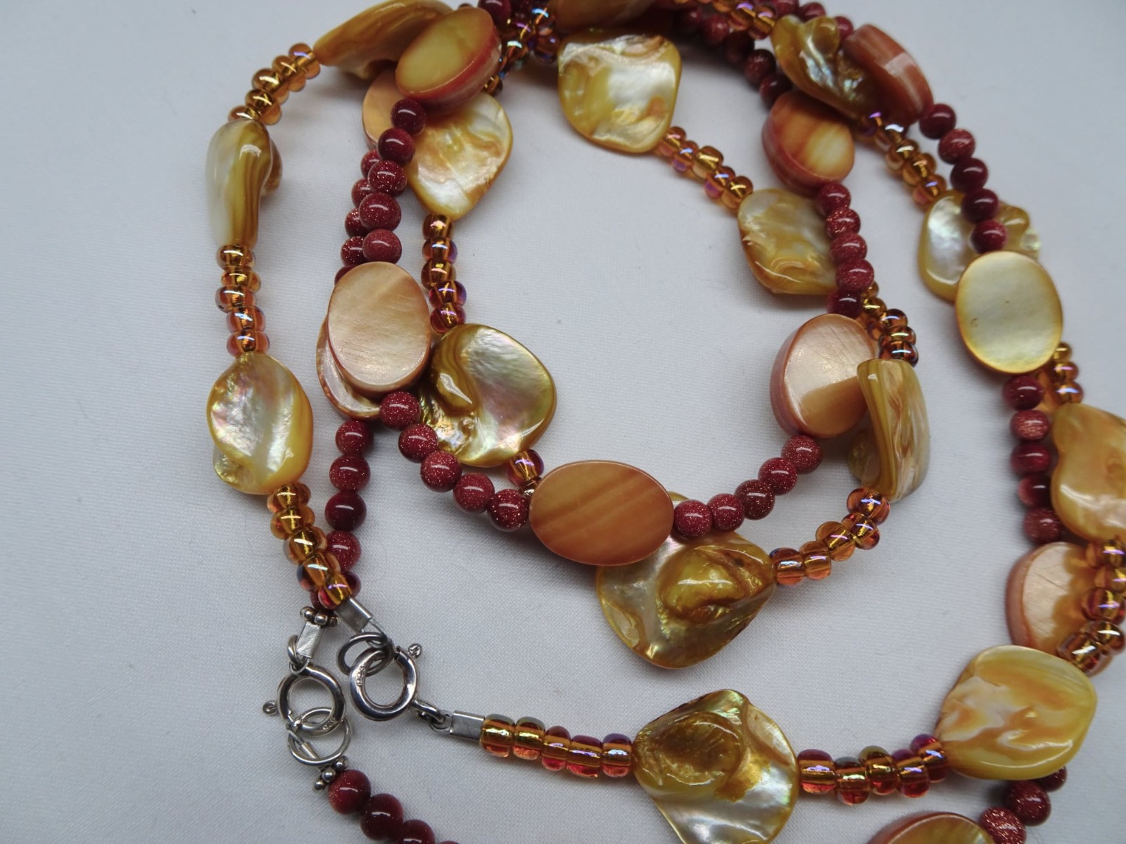 TWO Hand Crafted Necklaces Goldstone Shell Glass 18 1/4″ & 19 1/2″ N9 DNG