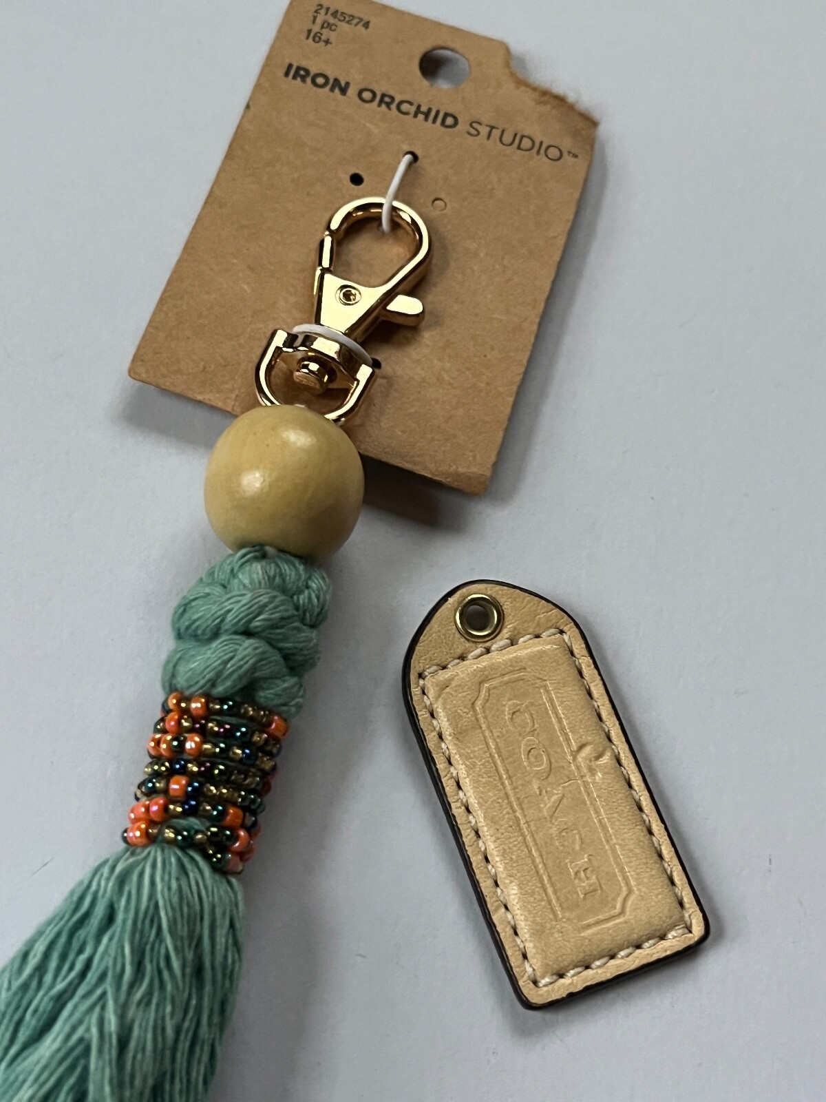 Lot of Iron Orchid Studio Blue Tassel w Orange Iridescent Beads Clip & Tan Leath