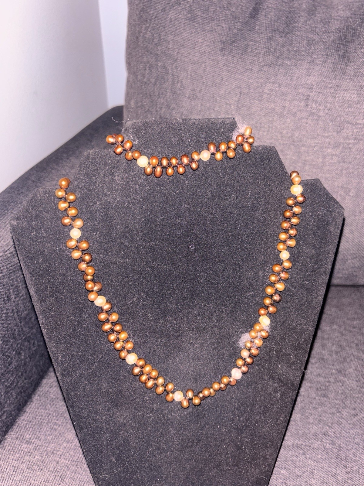 Brown/White Pearl Beaded Station Necklace w a wristband /Bead Chain Beauty Theme
