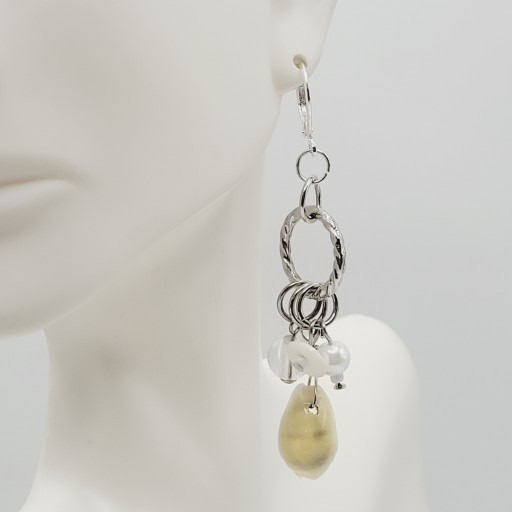 Handcrafted Boho Cowrie Shell Dangle Earrings Silver Tone Cluster Beaded Coastal