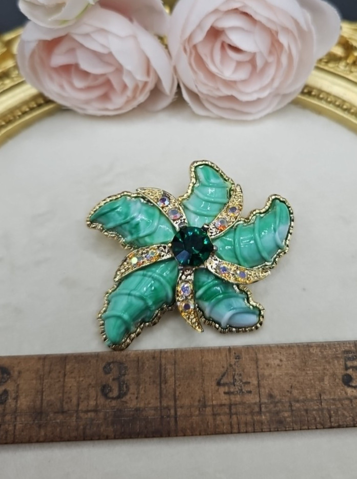 Vintage Lucite AB Rhinestone 50s 60s Brooch Blue Green Star Fish Brooch MCM