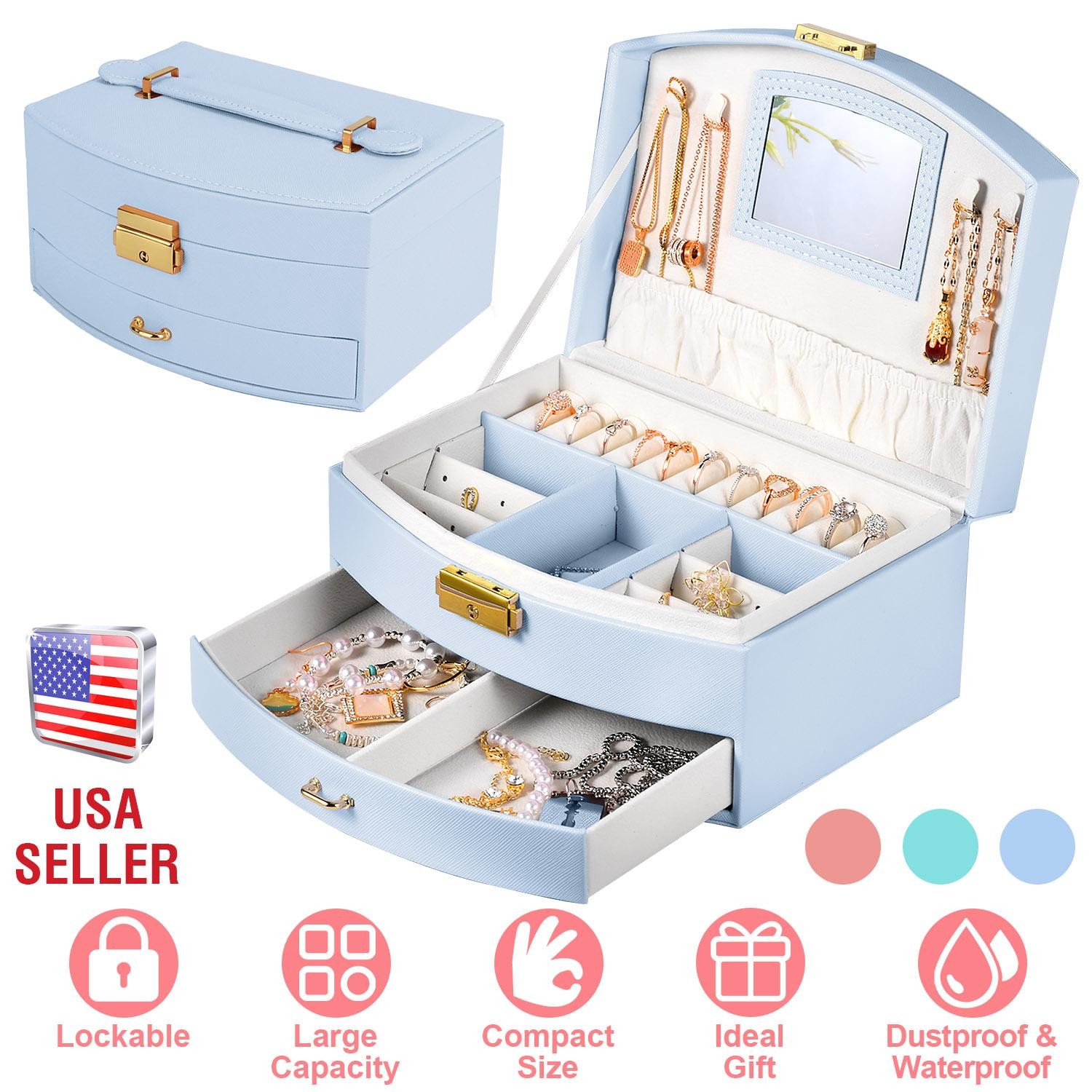 2-Layer Jewelry Box f/ Women Girls Lockable Lear Organizer Travel Case f/ Rings