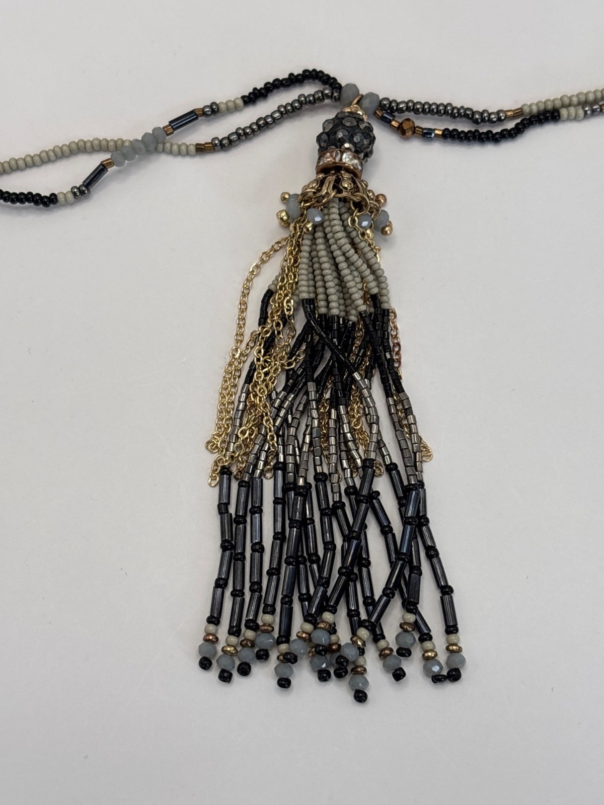 J. Jill Beaded Tassel Long Black Cream 35″ Necklace Matching Earrings Set NEW