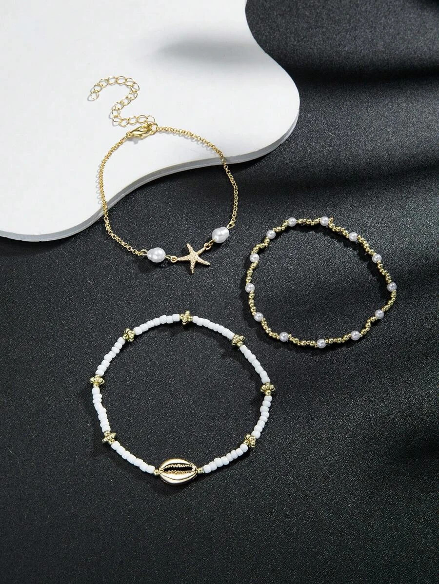 3pcs Starfish Shell Anklet Set Women Beach Beaded Jewelry