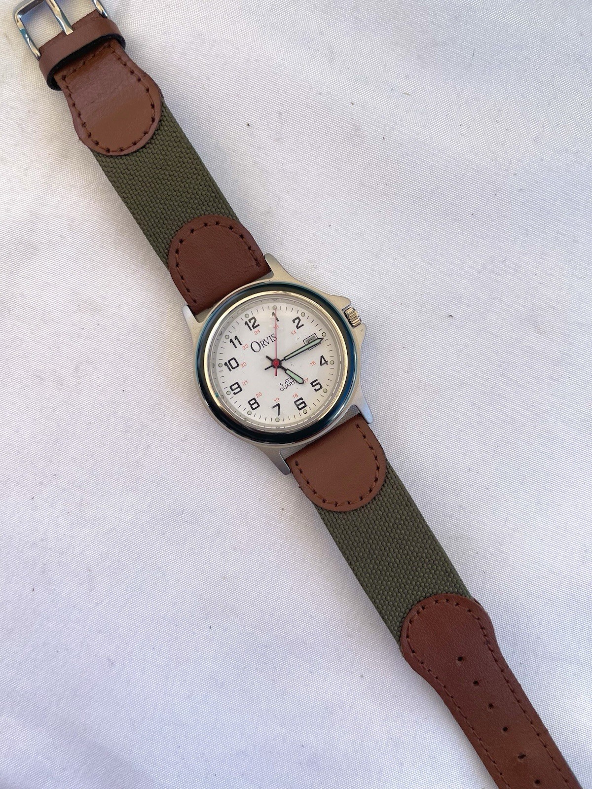 Vintage Orvis 37mm Mens Field Watch Date Black Bezel Olive Green Nylon Strap