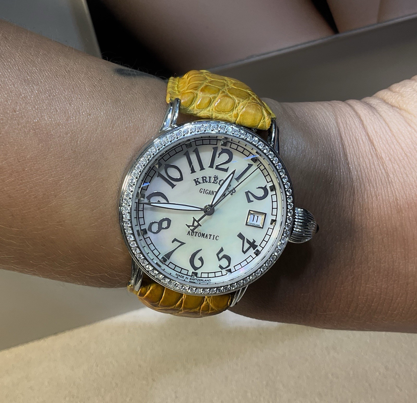 Krieger Gigantium Diamond Bezel MOP Dial Leather Strap Watch Full Set
