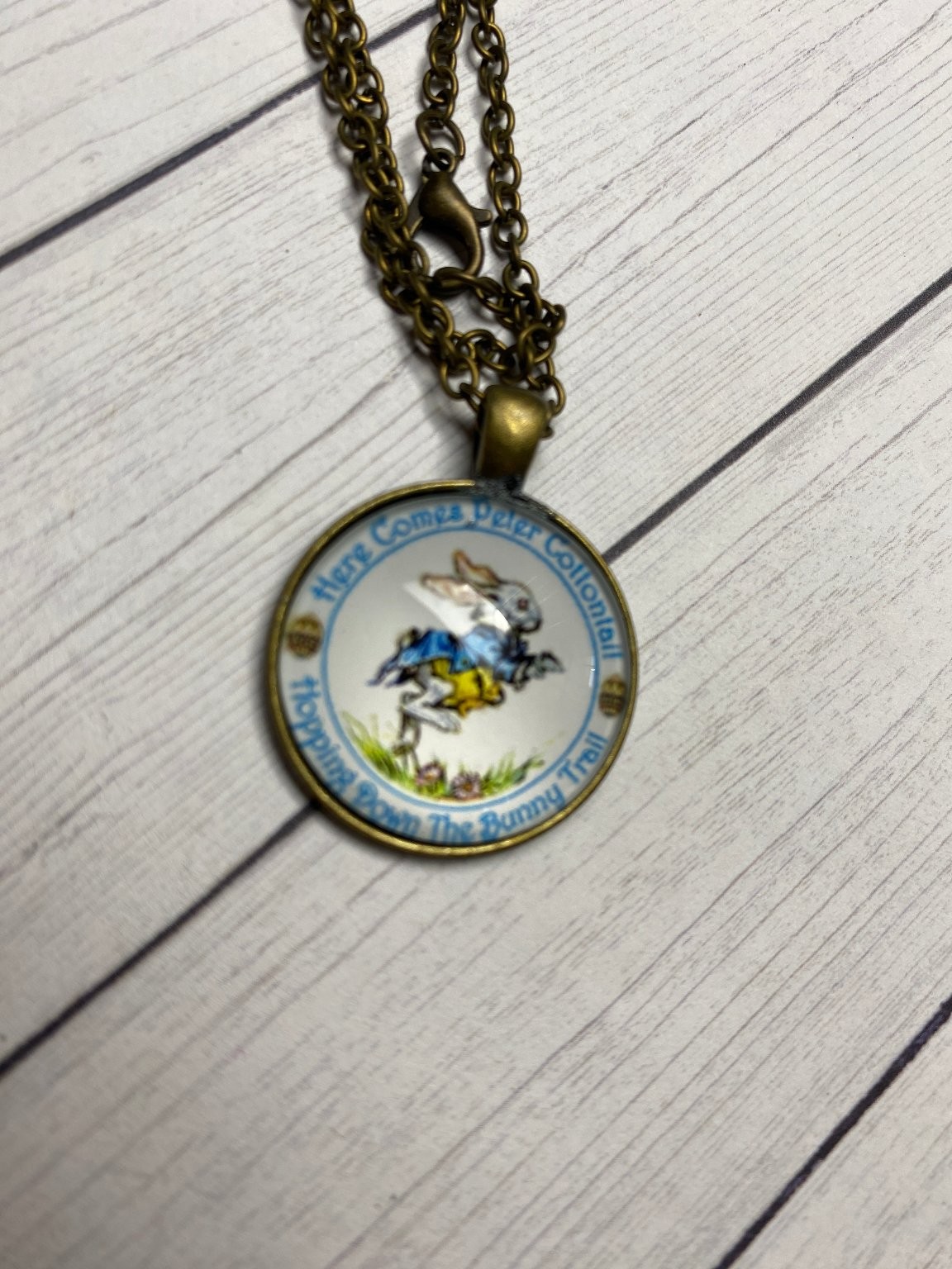 Iris Necklace and Earrings Set Bronze Blue Bunny Pendant Kids Jewelry