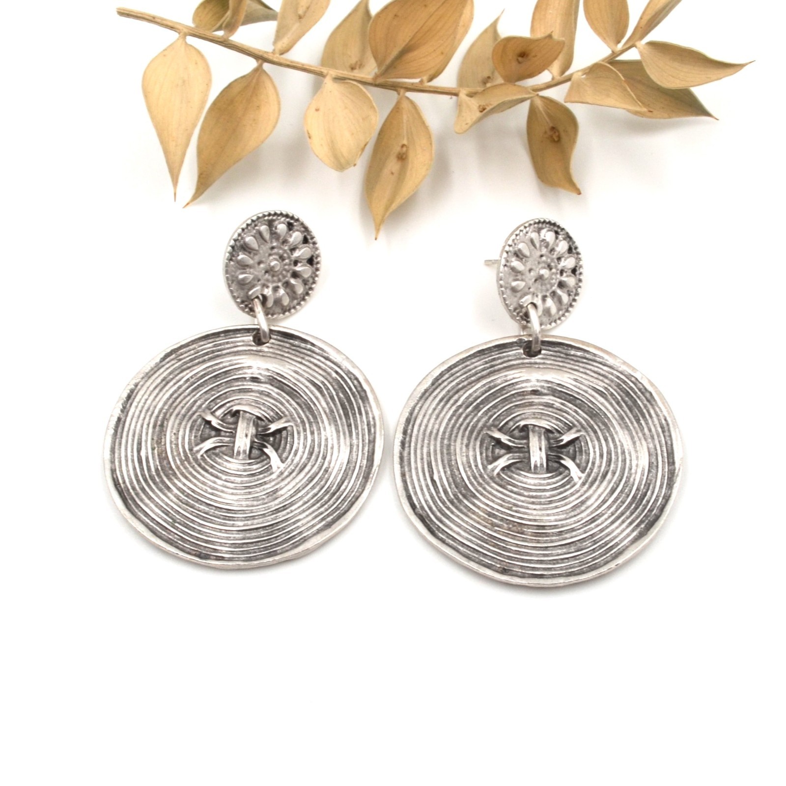 Boho Silver Spiral Disc Dangle Earrings Textured Round Statement Jewelry