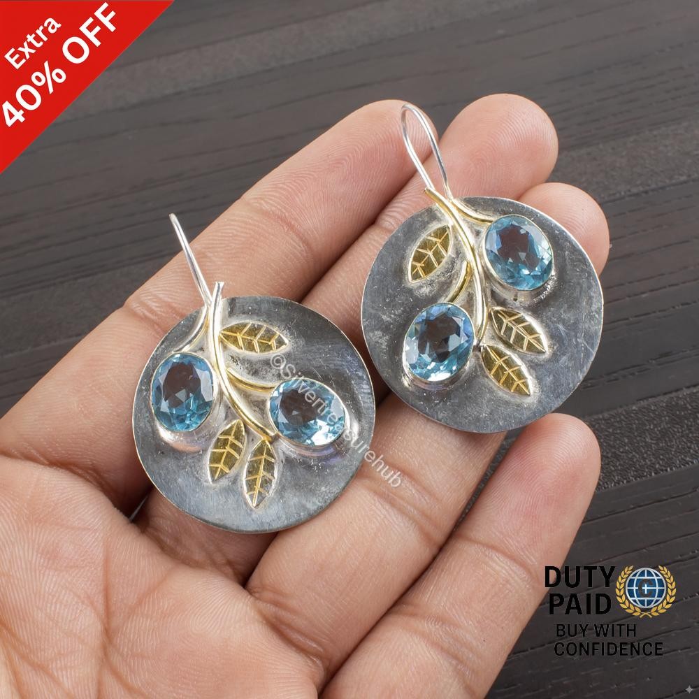 Natural Sky Blue Topaz 925 Sterling Silver Dangle Drop Mother Trendy Earrings
