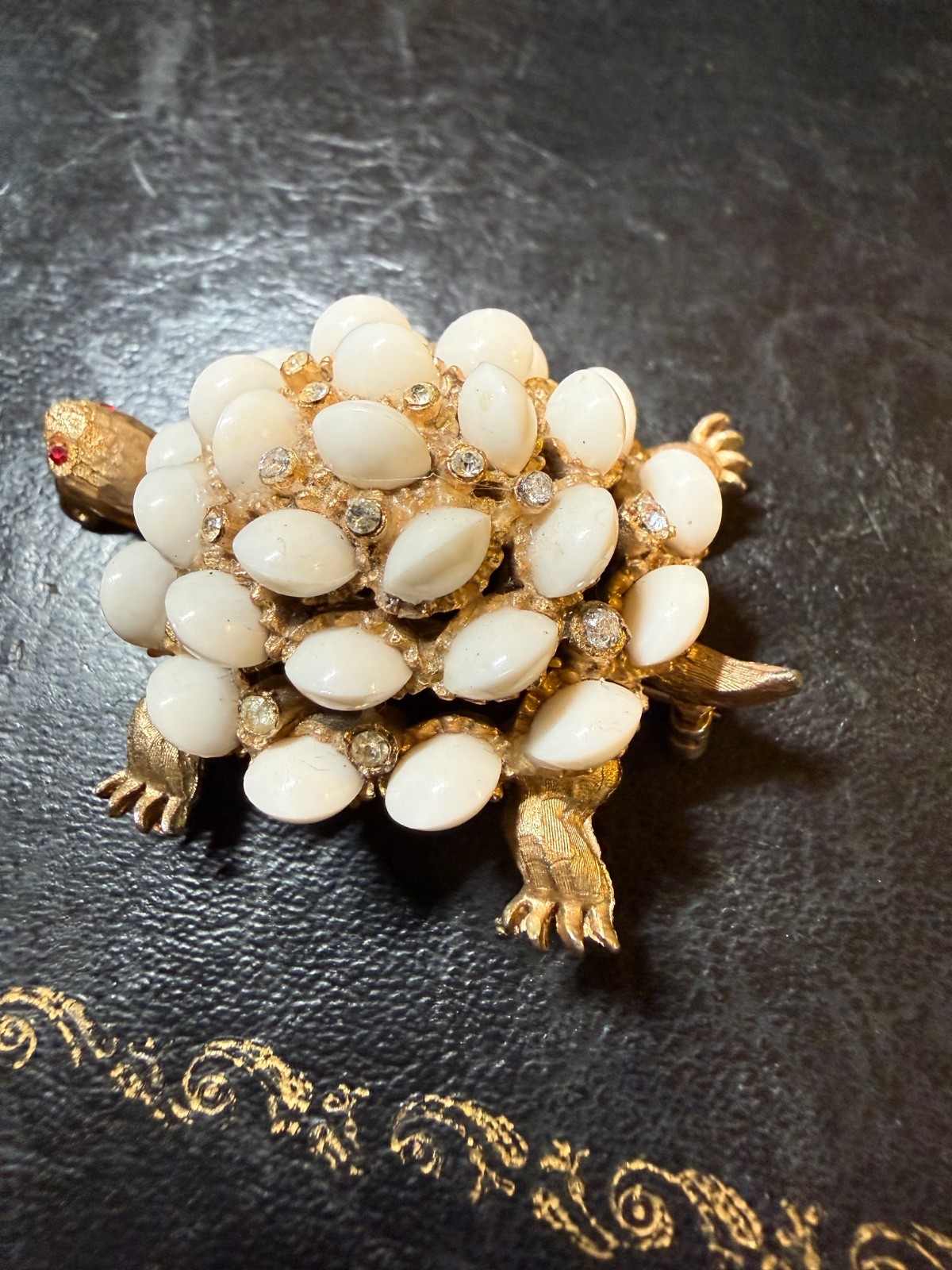 Vintage HAR Turtle brooch Gold Tone White Figural Animal Pin Signed Excellent