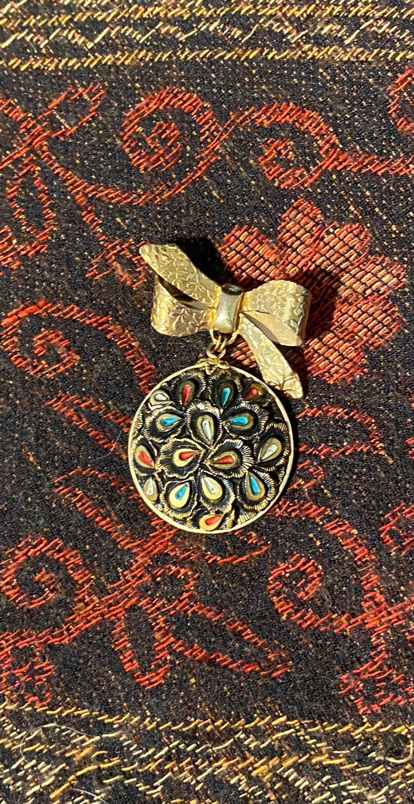 Vintage 80s Pin Multi Color Black Glass Golden Etched Ribbon Textured Painted