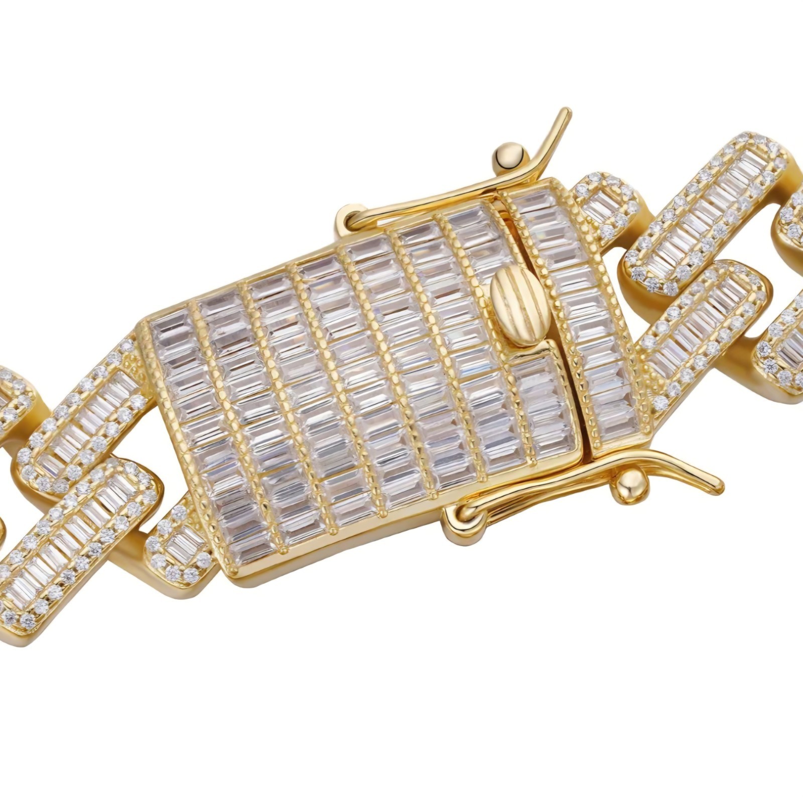 Baguette Prong Miami Cuban Link Chain Necklace Iced Out CZ Stones – 14k Gold Ver