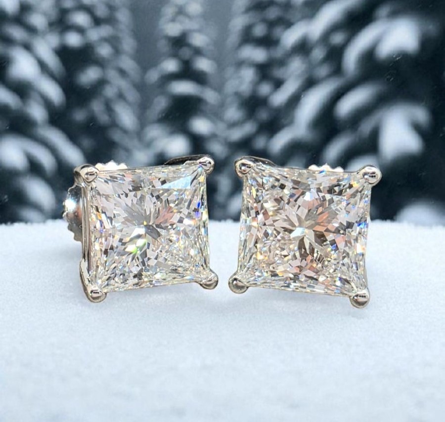 4.00Ct Princess Cut Lab Grown Diamond Stud 14k White Gold Earrings IGI Certified